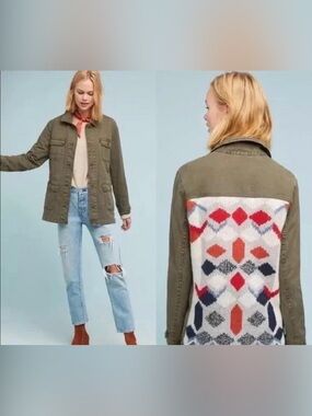 Anthropologie Olive Utility Jacket with Multicolor Knit Back